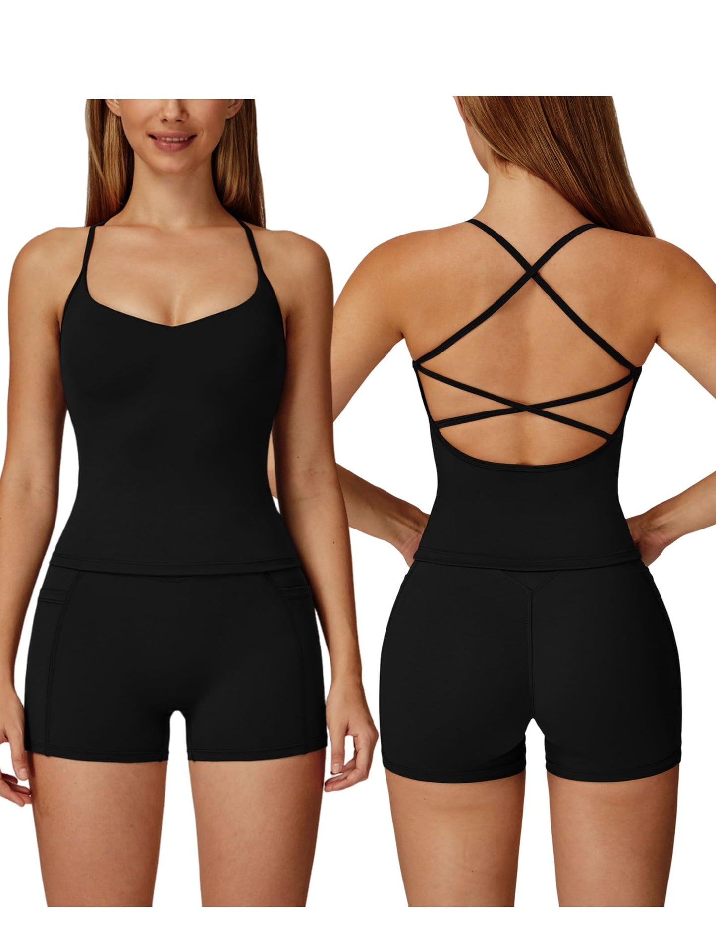 Women 2 Piece Workout Sets Padded Criss Cross Back Crop Tank Tops Tummy Control Biker Shorts Yoga Outfits with Pocket
