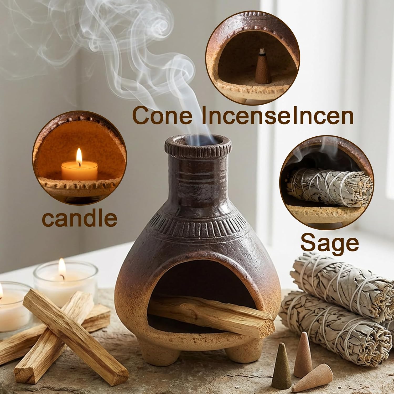 CEREMONY Palo Santo Holder -Mini Ceramic Incense Holder for Palo Santo Sticks - Palo Santo Holder for Gift-White Sage Holder for Meditation Decor (Brown-Fireplace)