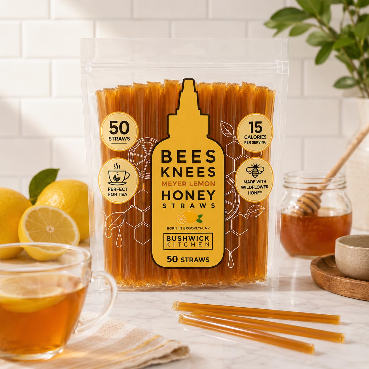 Bees Knees Meyer Lemon Honey Sticks, 50 Count - Made with Wildflower Honey, Perfect for Tea, 15 Calories Per Serving - Unfiltered, Unprocessed, Undeniably Delicious, Bulk Single Serve Honey Straws