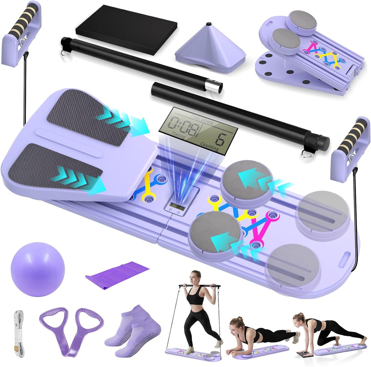 Pilates Board, Foldable Pilates Reformer Set for Home Workout with Timer, 6-in-1 Multifunctional Portable Reformer Pilates Machine at Home Pilates Equipment for Fitness,