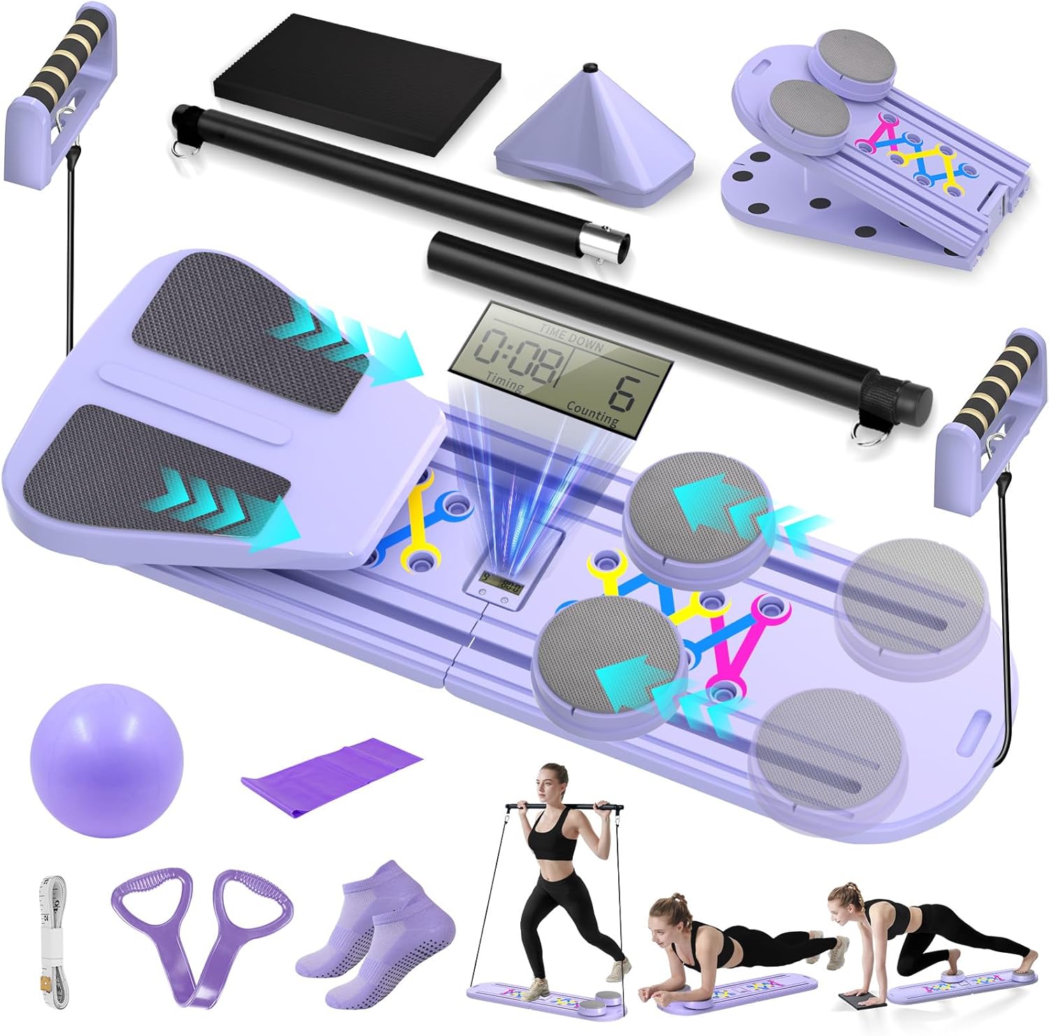 Pilates Board, Foldable Pilates Reformer Set for Home Workout with Timer, 6-in-1 Multifunctional Portable Reformer Pilates Machine at Home Pilates Equipment for Fitness,