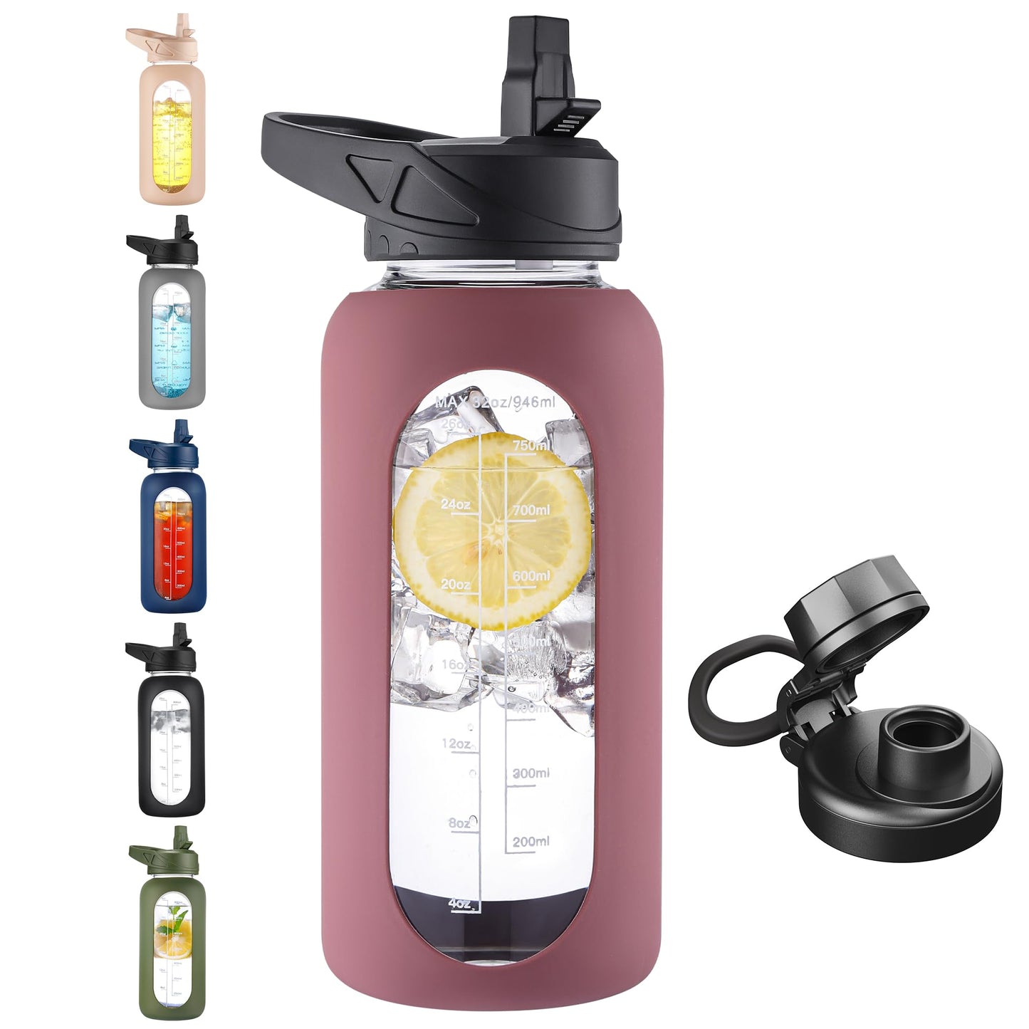 CIVAGO 32 oz Glass Water Bottle with Straw and Handle, Large Sports Motivational Water Bottle Flask with Time Marker and 2 Lids, Leakproof Water Jug Canteen with Silicone Sleeve for Gym,Black