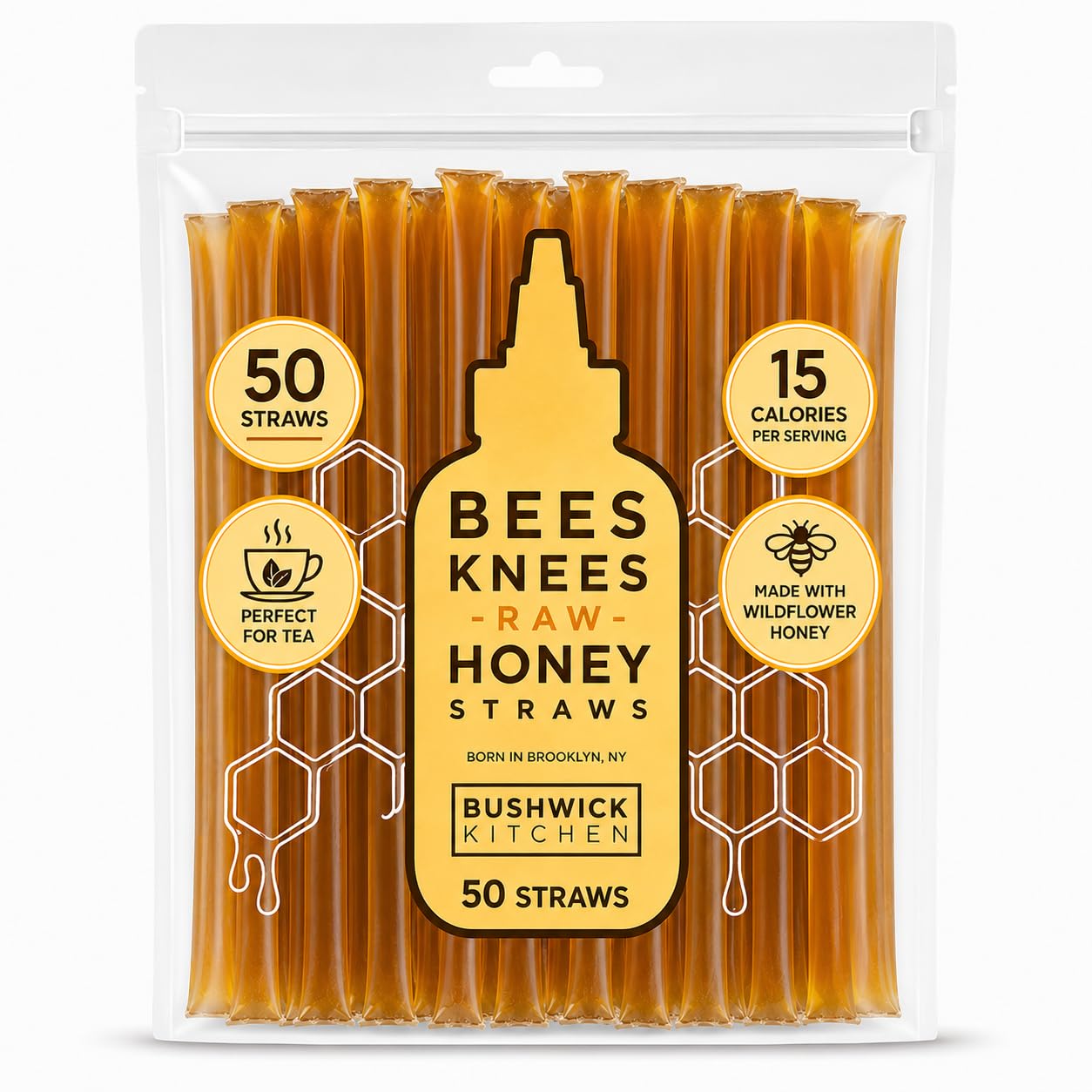 Bees Knees Meyer Lemon Honey Sticks, 50 Count - Made with Wildflower Honey, Perfect for Tea, 15 Calories Per Serving - Unfiltered, Unprocessed, Undeniably Delicious, Bulk Single Serve Honey Straws