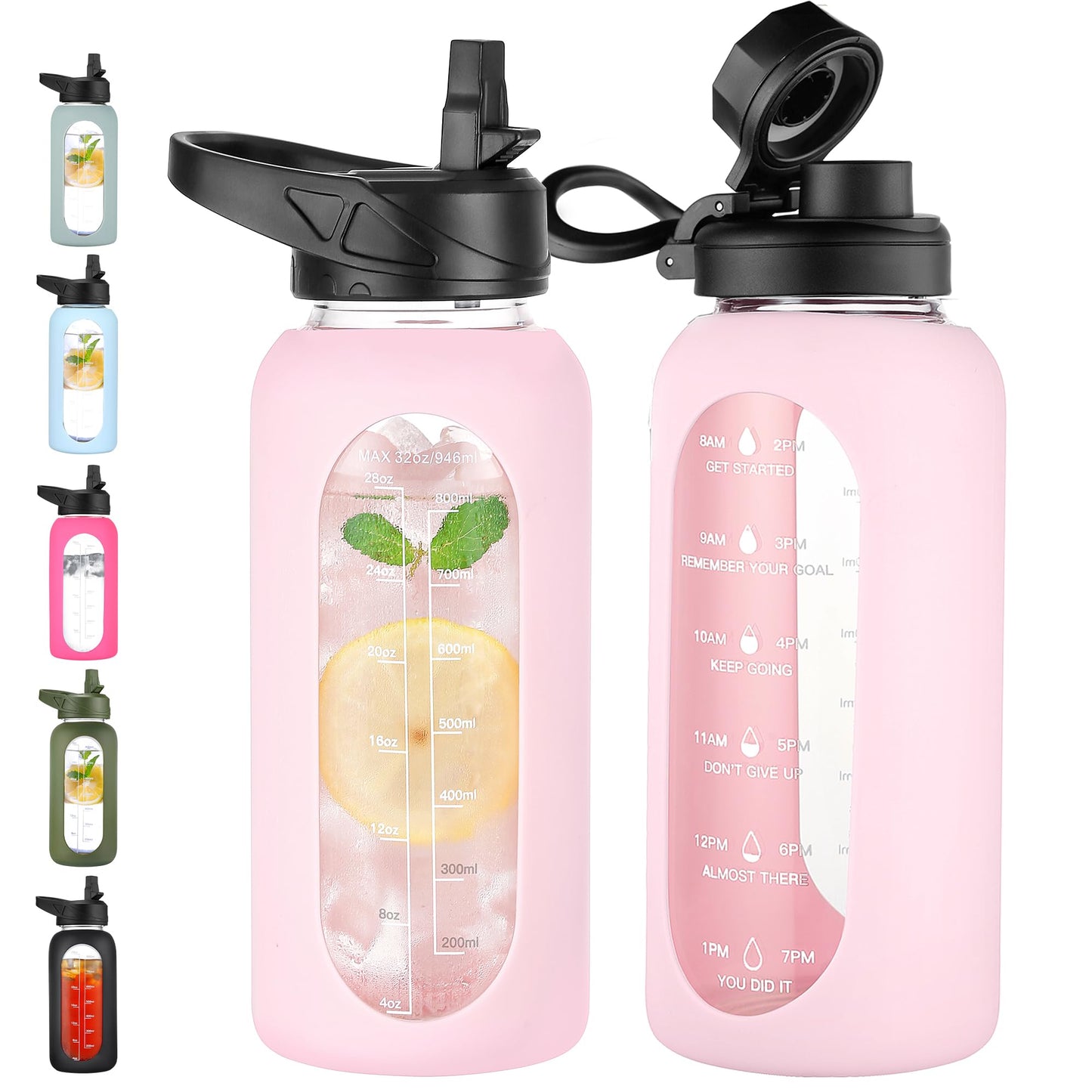 CIVAGO 32 oz Glass Water Bottle with Straw and Handle, Large Sports Motivational Water Bottle Flask with Time Marker and 2 Lids, Leakproof Water Jug Canteen with Silicone Sleeve for Gym,Black