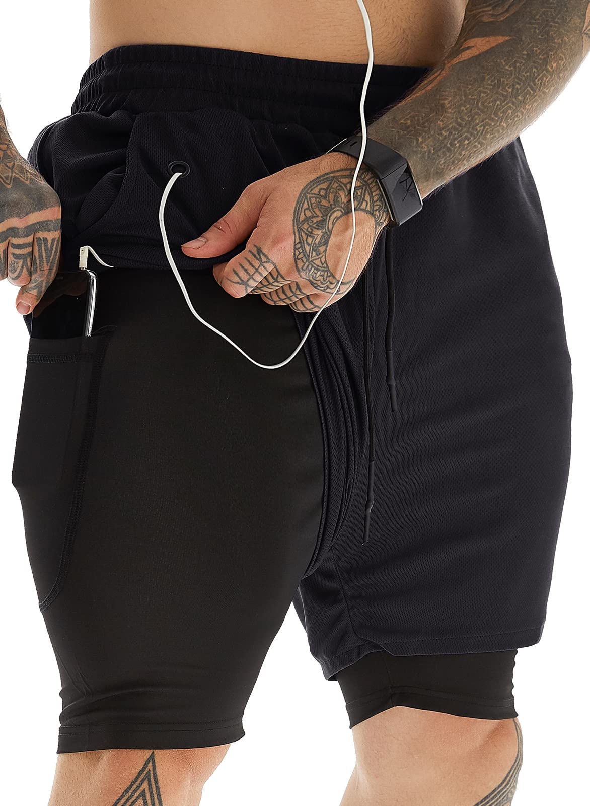 JWJ Men's 2 in 1 Workout Running Shorts 7 Inch Lightweight Athletic Gym Shorts with Compression Liner