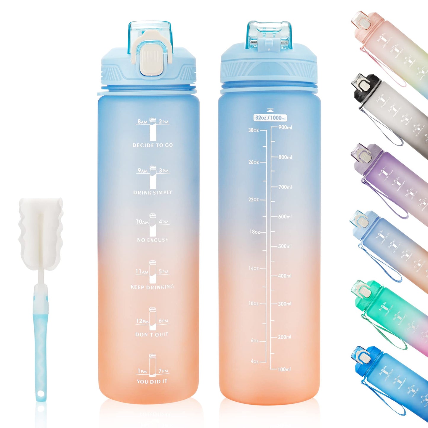 YC Kitchen Motivational Water Bottle with Time Marker- 32oz Water Bottles with Times to Drink, Leakproof & BPA Free Sports Water Bottle with Straw & Carry Strap for Fitness, Gym, and Outdoor Sports