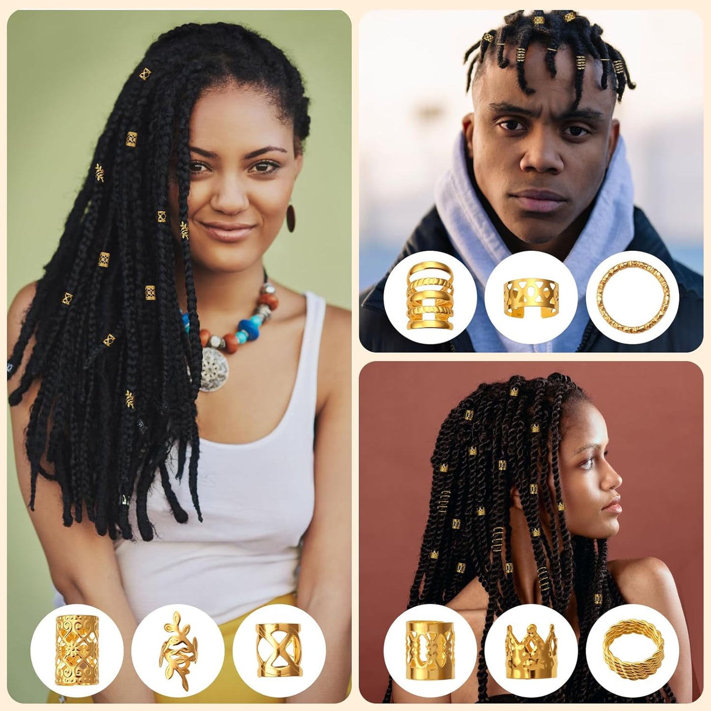 CPOXITI 220Pcs Hair Jewelry for Dreadlock, Metal Hair Charms for Women, Gold Braids Rings Cuffs Clips for Hair Braids, Loc Jewelry Dreadlock Accessories