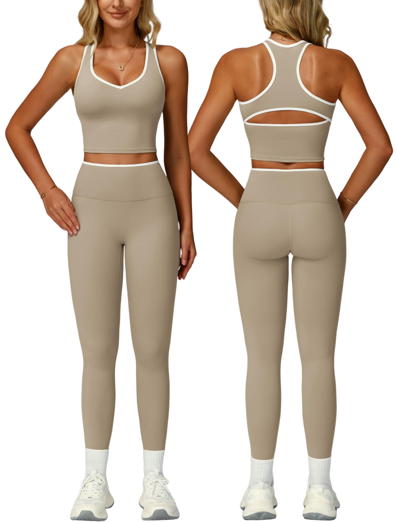Women 2 Piece Workout Sets Racerback Color Block Tank Tops High Waist Tummy Control Active Leggings Yoga Outfits