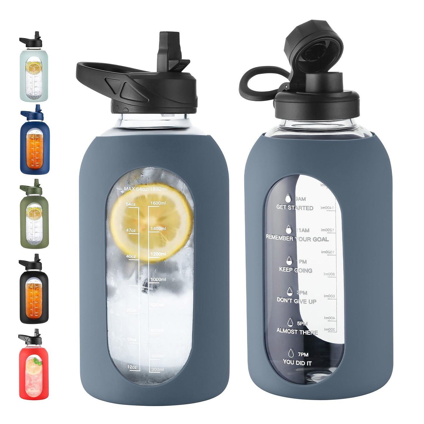 CIVAGO 32 oz Glass Water Bottle with Straw and Handle, Large Sports Motivational Water Bottle Flask with Time Marker and 2 Lids, Leakproof Water Jug Canteen with Silicone Sleeve for Gym,Black