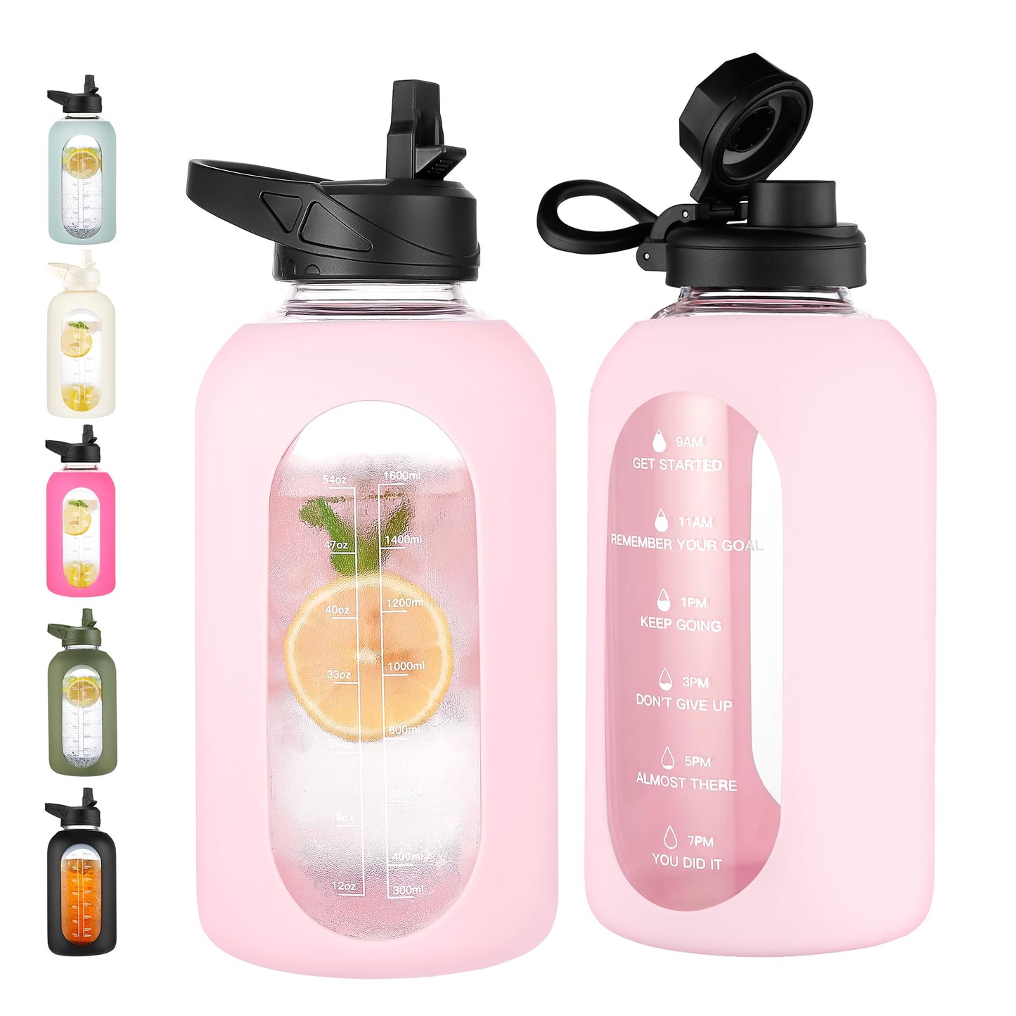 CIVAGO 32 oz Glass Water Bottle with Straw and Handle, Large Sports Motivational Water Bottle Flask with Time Marker and 2 Lids, Leakproof Water Jug Canteen with Silicone Sleeve for Gym,Black