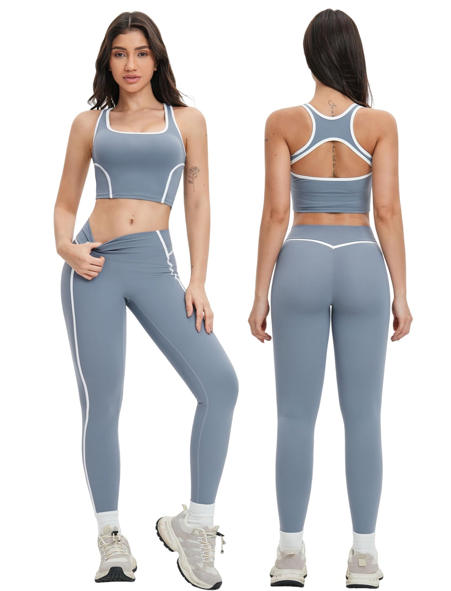 Women 2 Piece Workout Sets Racerback Color Block Tank Tops High Waist Tummy Control Active Leggings Yoga Outfits