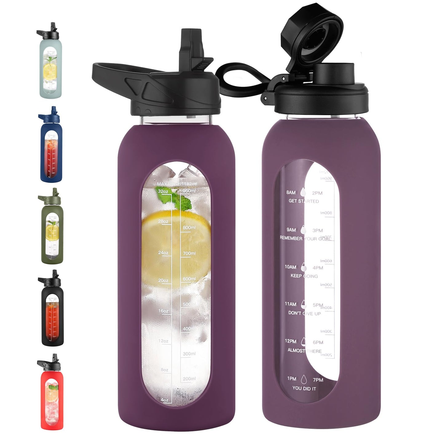 CIVAGO 32 oz Glass Water Bottle with Straw and Handle, Large Sports Motivational Water Bottle Flask with Time Marker and 2 Lids, Leakproof Water Jug Canteen with Silicone Sleeve for Gym,Black