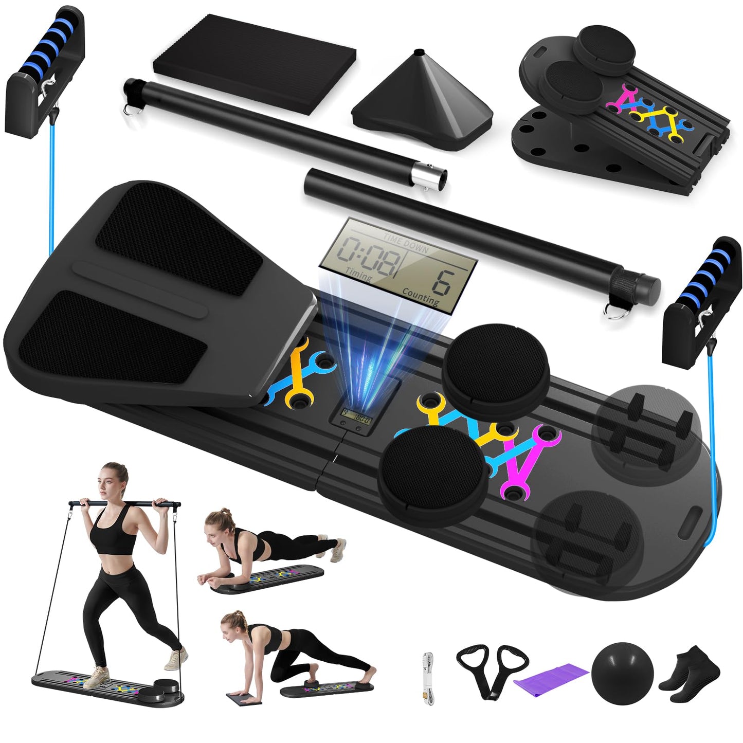 Pilates Board, Foldable Pilates Reformer Set for Home Workout with Timer, 6-in-1 Multifunctional Portable Reformer Pilates Machine at Home Pilates Equipment for Fitness,