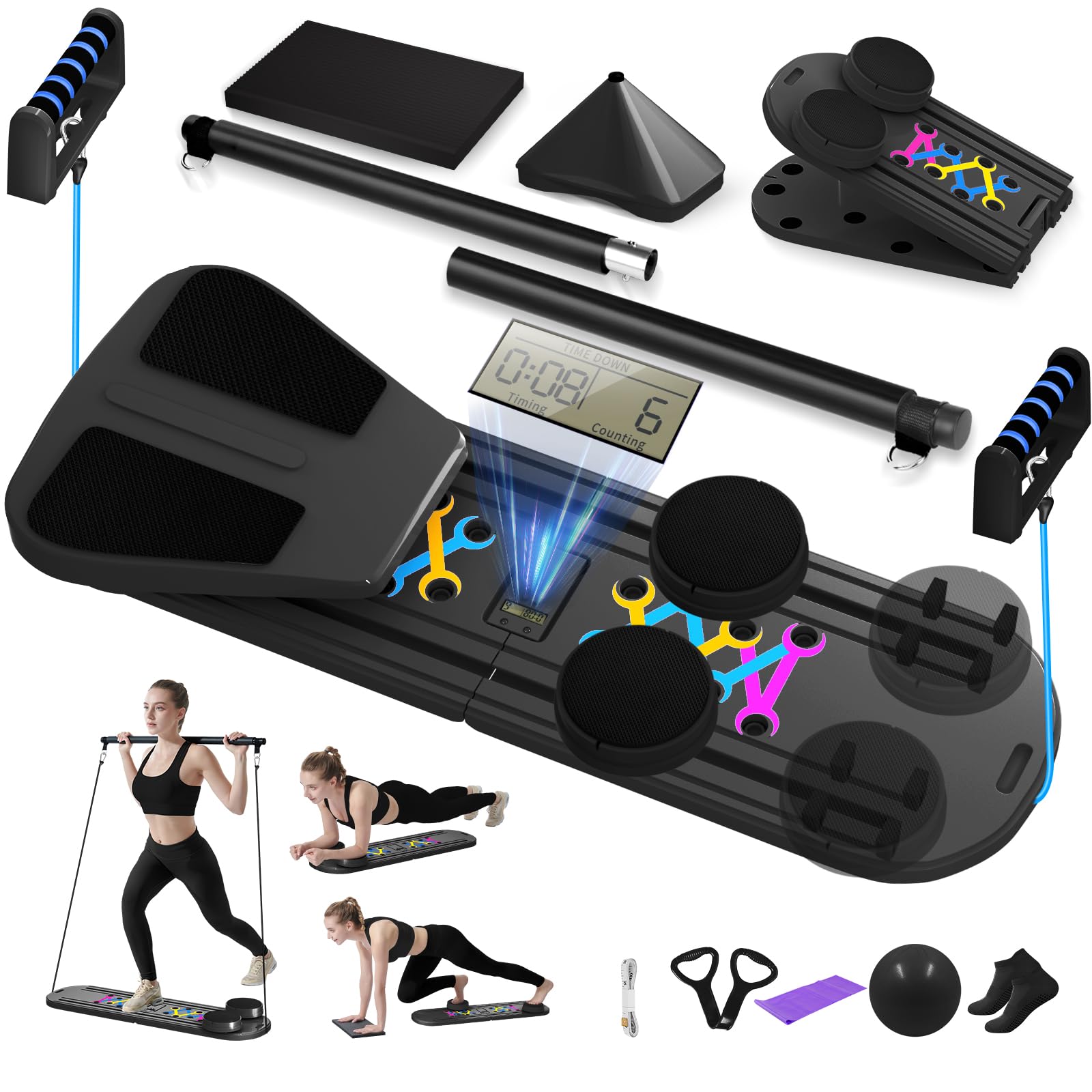 Pilates Board, Foldable Pilates Reformer Set for Home Workout with Timer, 6-in-1 Multifunctional Portable Reformer Pilates Machine at Home Pilates Equipment for Fitness,
