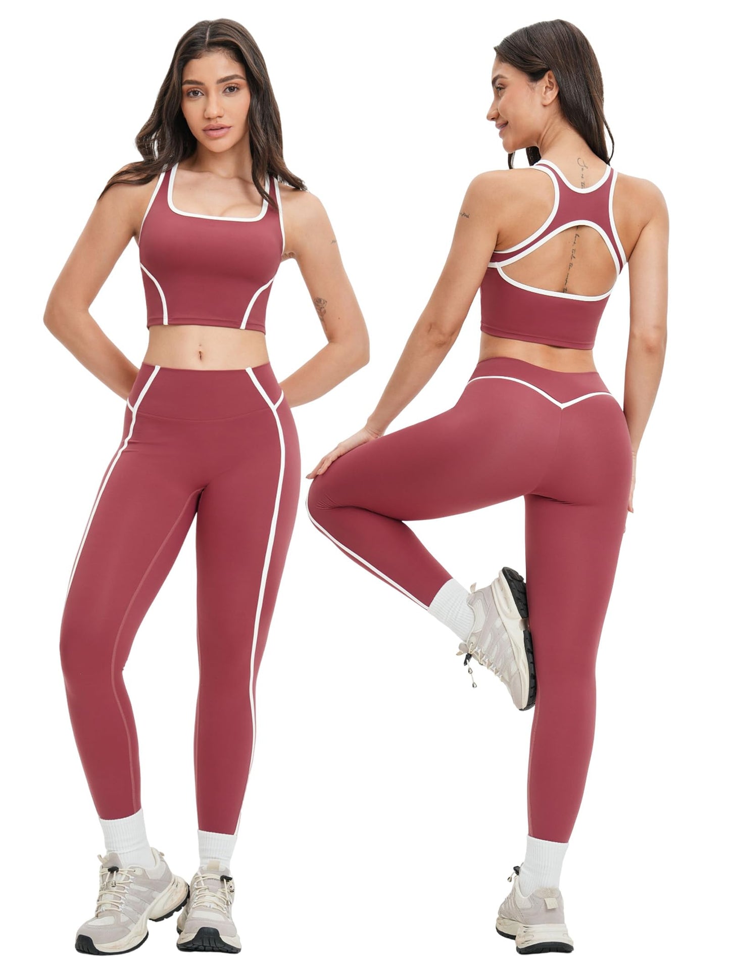Women 2 Piece Workout Sets Racerback Color Block Tank Tops High Waist Tummy Control Active Leggings Yoga Outfits