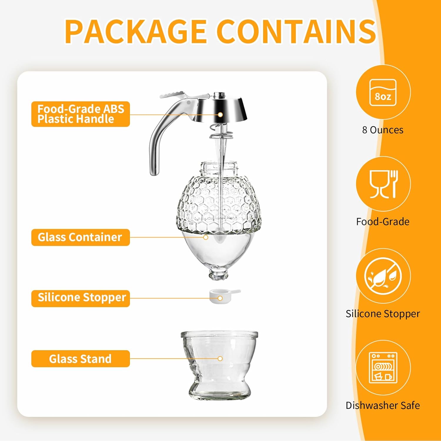 Timtopno Honey Dispenser, Glass Honey Dispenser No Drip, Honey Pot with Stand, 8 oz Honey Jar, Maple Syrup Honey Container, Elegant Honeycomb Design for Home Decor for Any Occasion
