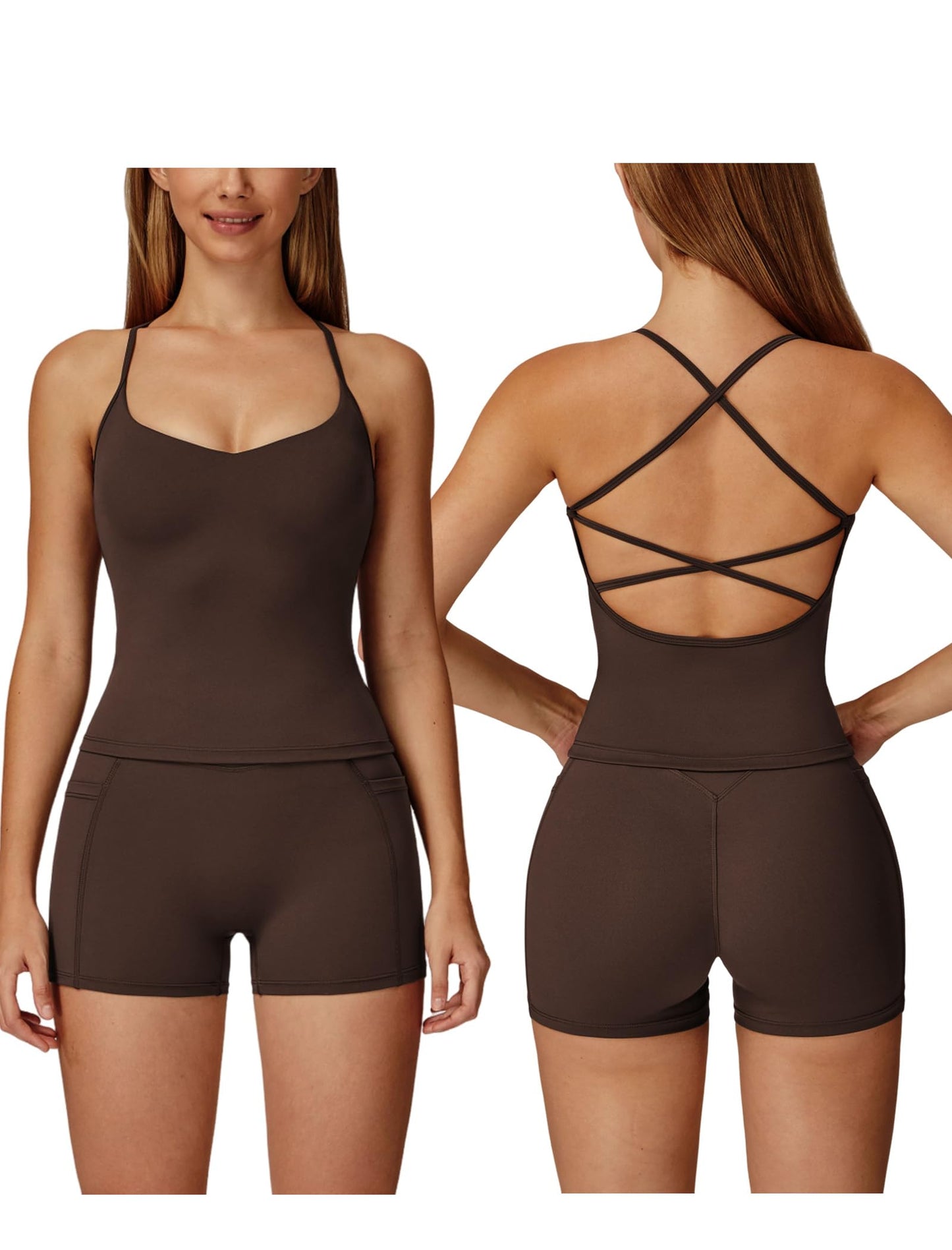 Women 2 Piece Workout Sets Padded Criss Cross Back Crop Tank Tops Tummy Control Biker Shorts Yoga Outfits with Pocket