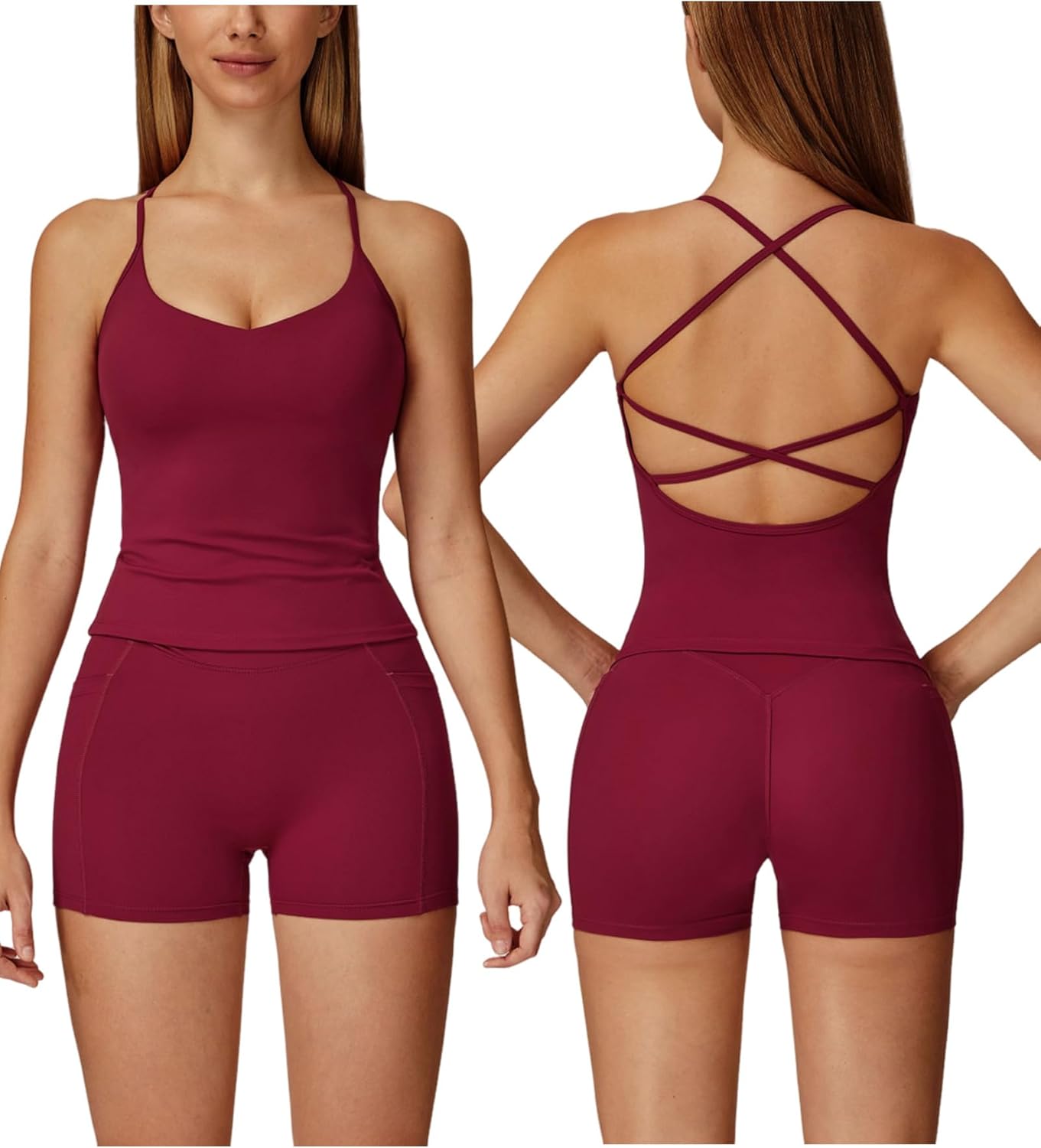 Women 2 Piece Workout Sets Padded Criss Cross Back Crop Tank Tops Tummy Control Biker Shorts Yoga Outfits with Pocket