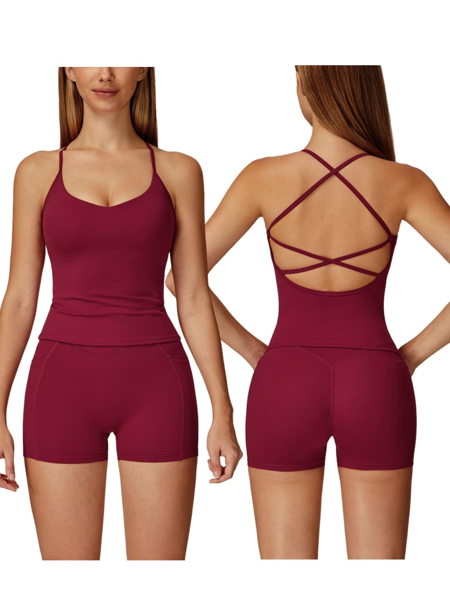 Women 2 Piece Workout Sets Padded Criss Cross Back Crop Tank Tops Tummy Control Biker Shorts Yoga Outfits with Pocket