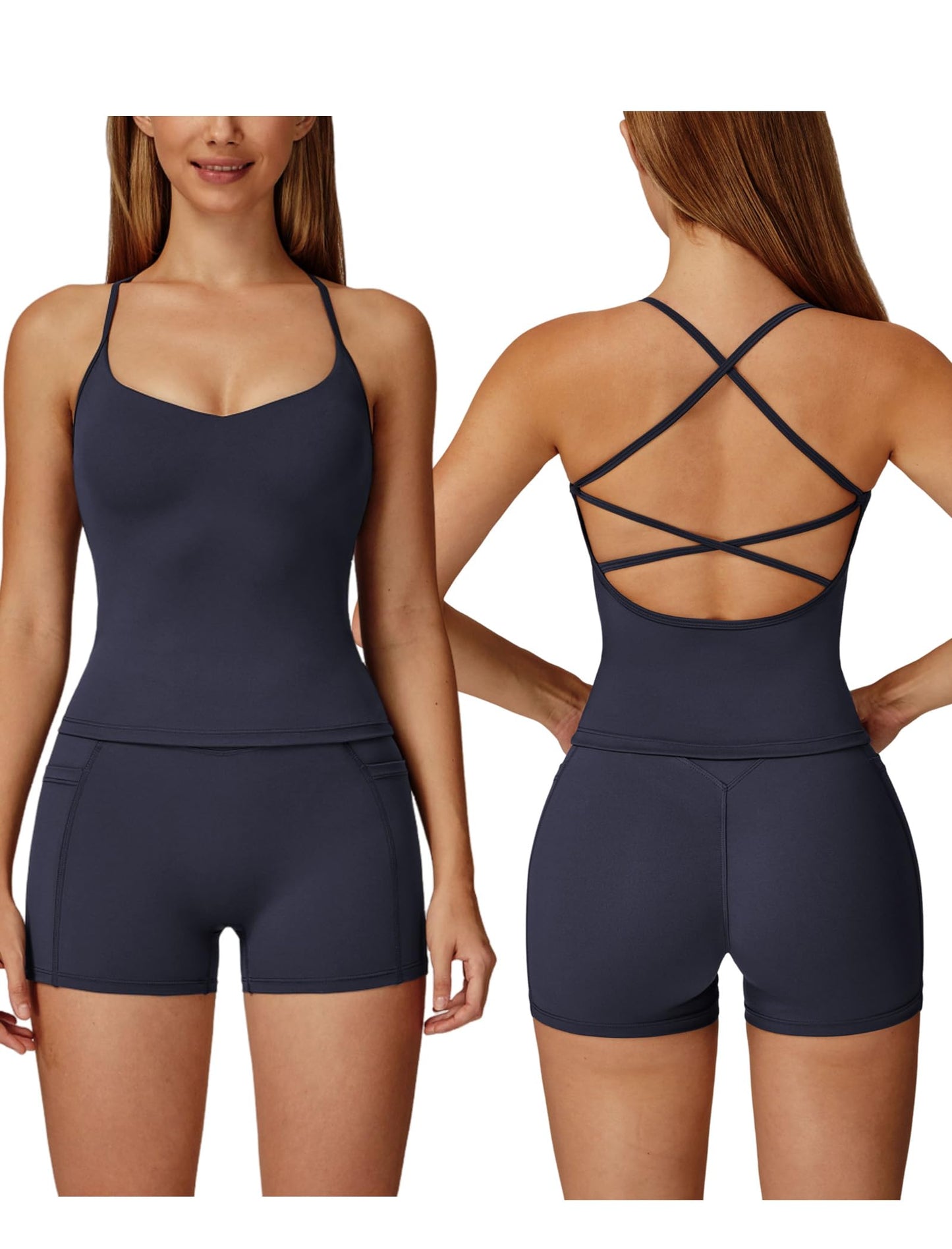Women 2 Piece Workout Sets Padded Criss Cross Back Crop Tank Tops Tummy Control Biker Shorts Yoga Outfits with Pocket