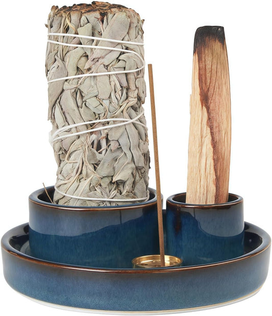 4 in 1 Incense Holder, Ceramic Incense Stick and Palo Santo Holder,Sage Holder for Burning- 4.25" Ceramic Ash Catcher Tray for Meditation and Yoga Room (Blue)