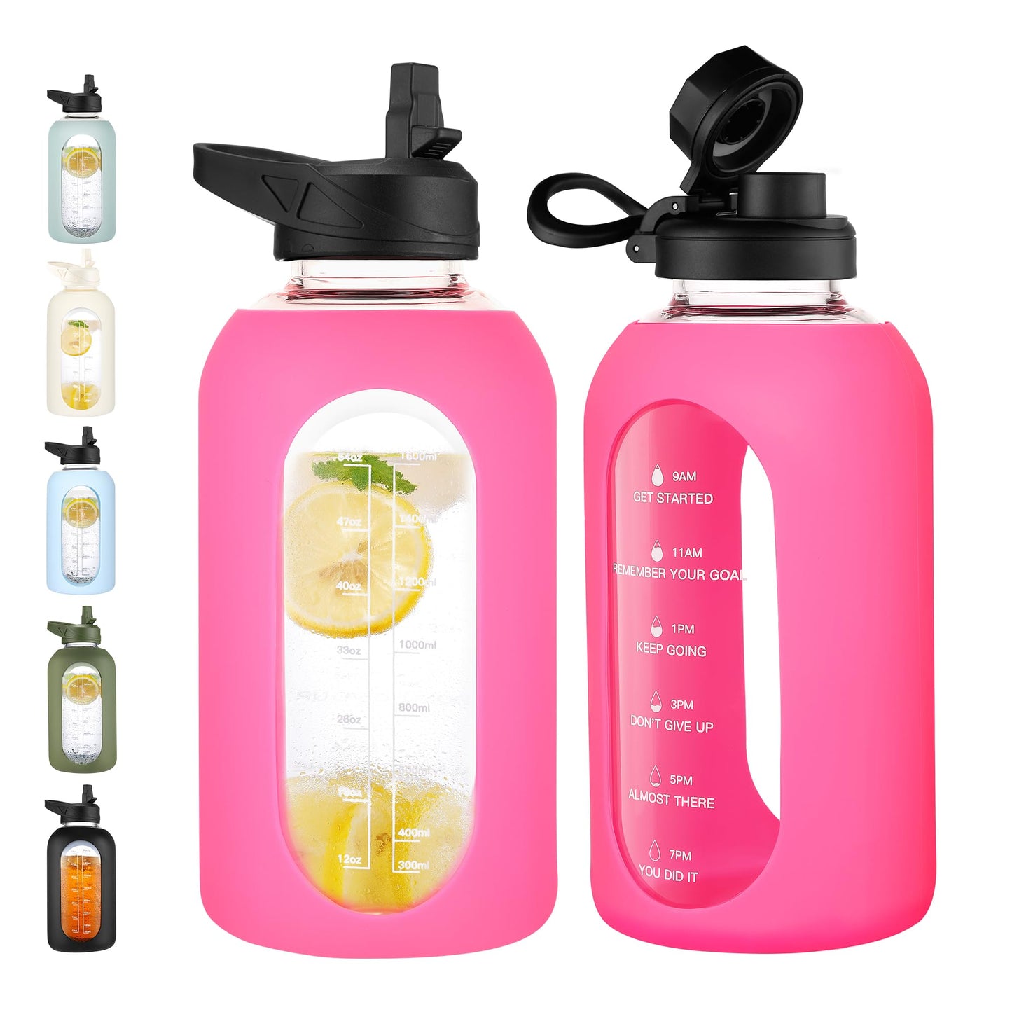 CIVAGO 32 oz Glass Water Bottle with Straw and Handle, Large Sports Motivational Water Bottle Flask with Time Marker and 2 Lids, Leakproof Water Jug Canteen with Silicone Sleeve for Gym,Black