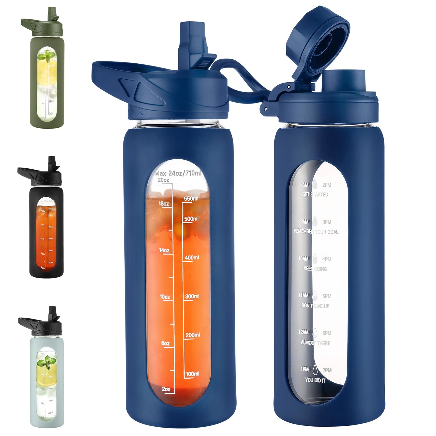 CIVAGO 32 oz Glass Water Bottle with Straw and Handle, Large Sports Motivational Water Bottle Flask with Time Marker and 2 Lids, Leakproof Water Jug Canteen with Silicone Sleeve for Gym,Black