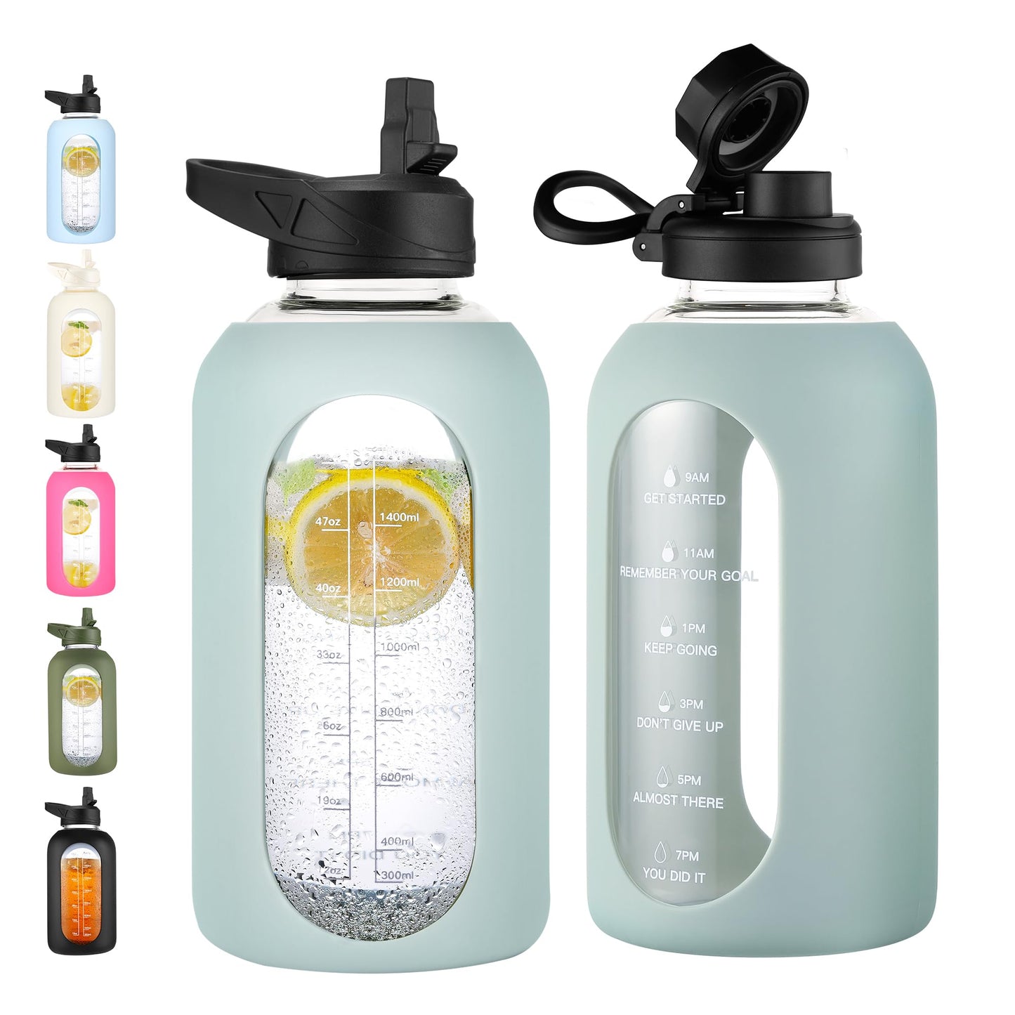 CIVAGO 32 oz Glass Water Bottle with Straw and Handle, Large Sports Motivational Water Bottle Flask with Time Marker and 2 Lids, Leakproof Water Jug Canteen with Silicone Sleeve for Gym,Black