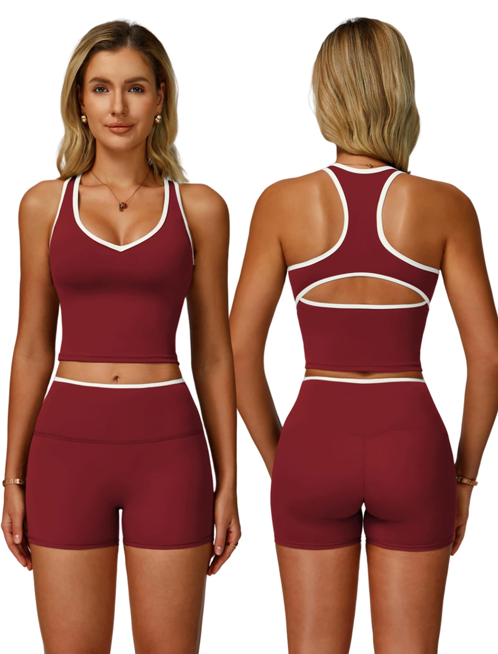 Women 2 Piece Workout Sets Racerback Color Block Tank Top High Waist Tummy Control Shorts Yoga Outfits