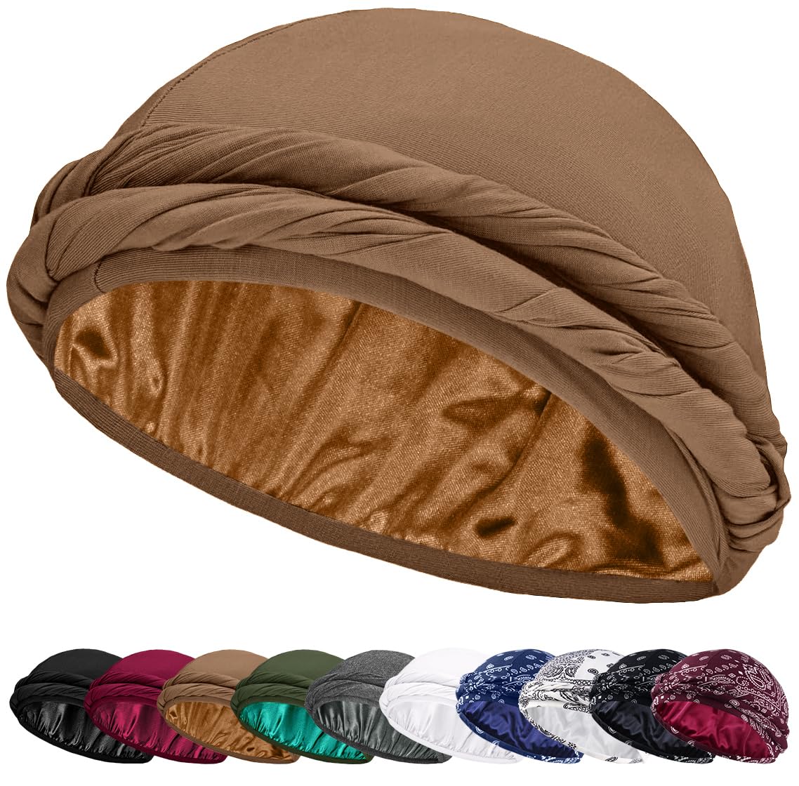 Ababalaya Upgraded Satin Lined Halo Turban Durag for Men &Women Sleeping Bonnet PRE-Tied Headwraps for Hair Loss