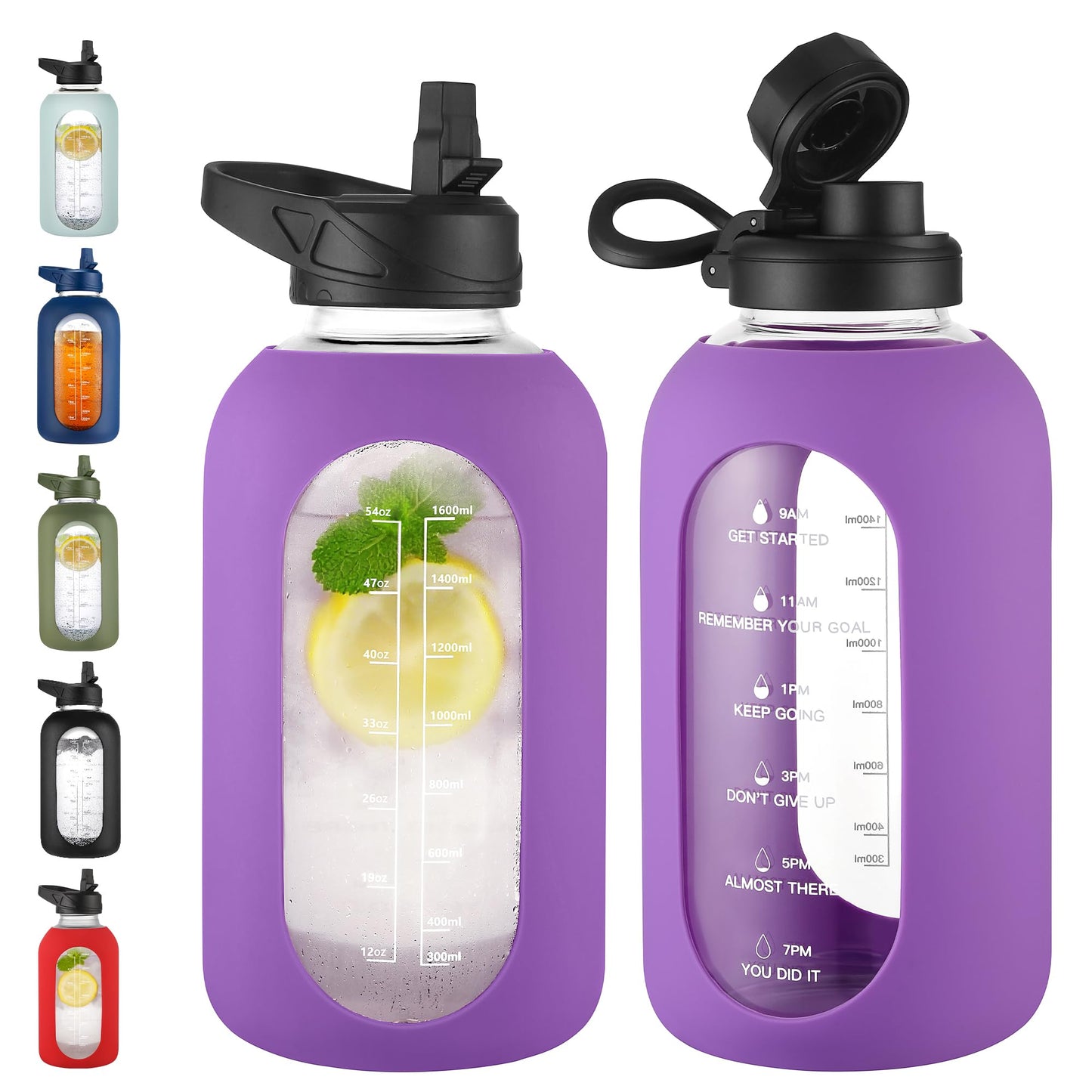 CIVAGO 32 oz Glass Water Bottle with Straw and Handle, Large Sports Motivational Water Bottle Flask with Time Marker and 2 Lids, Leakproof Water Jug Canteen with Silicone Sleeve for Gym,Black