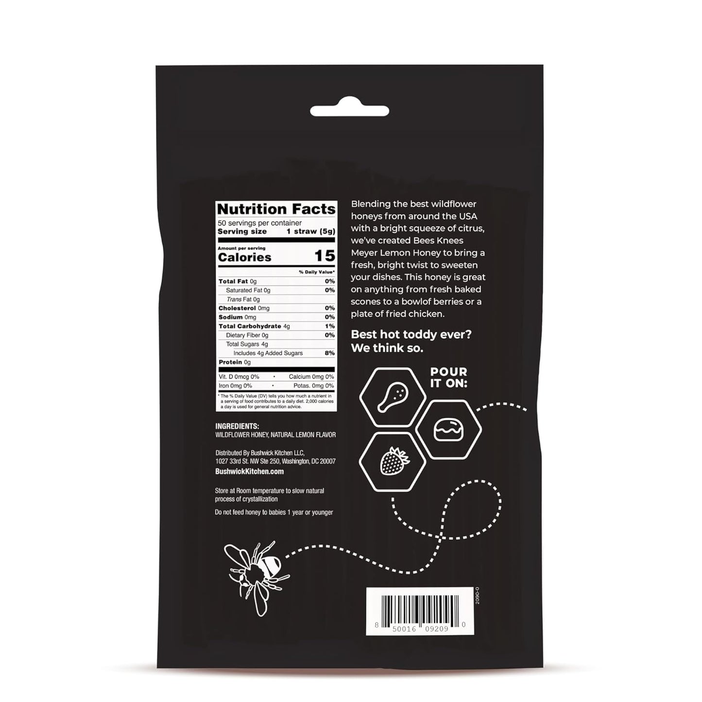 Bees Knees Meyer Lemon Honey Sticks, 50 Count - Made with Wildflower Honey, Perfect for Tea, 15 Calories Per Serving - Unfiltered, Unprocessed, Undeniably Delicious, Bulk Single Serve Honey Straws