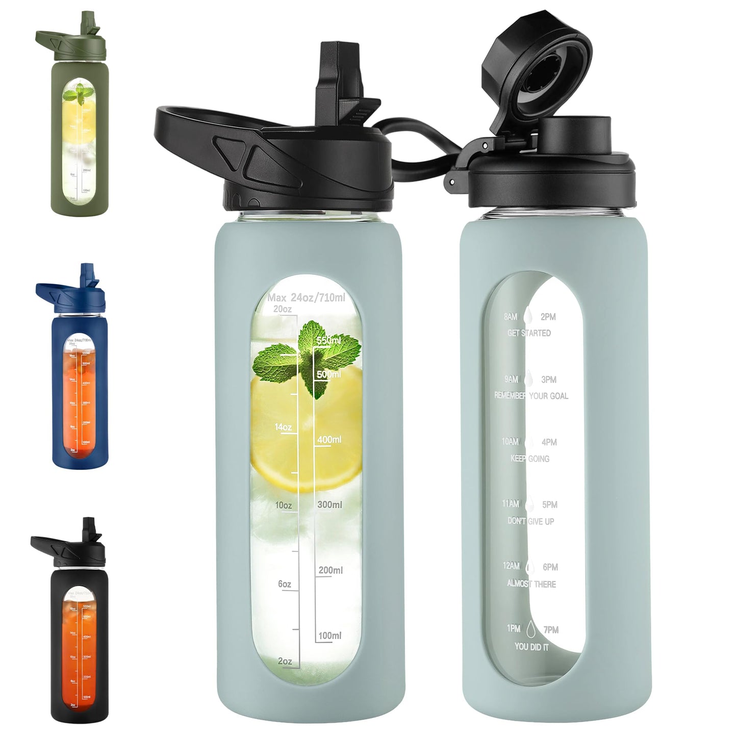 CIVAGO 32 oz Glass Water Bottle with Straw and Handle, Large Sports Motivational Water Bottle Flask with Time Marker and 2 Lids, Leakproof Water Jug Canteen with Silicone Sleeve for Gym,Black