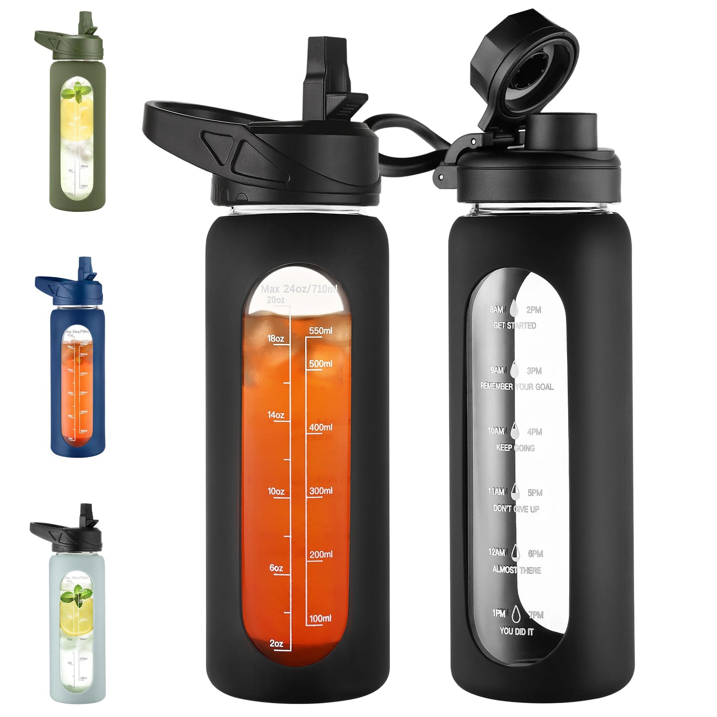 CIVAGO 32 oz Glass Water Bottle with Straw and Handle, Large Sports Motivational Water Bottle Flask with Time Marker and 2 Lids, Leakproof Water Jug Canteen with Silicone Sleeve for Gym,Black