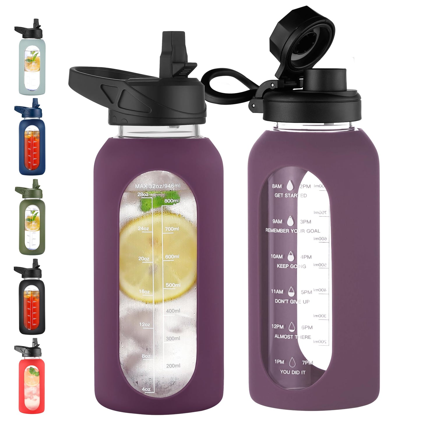 CIVAGO 32 oz Glass Water Bottle with Straw and Handle, Large Sports Motivational Water Bottle Flask with Time Marker and 2 Lids, Leakproof Water Jug Canteen with Silicone Sleeve for Gym,Black
