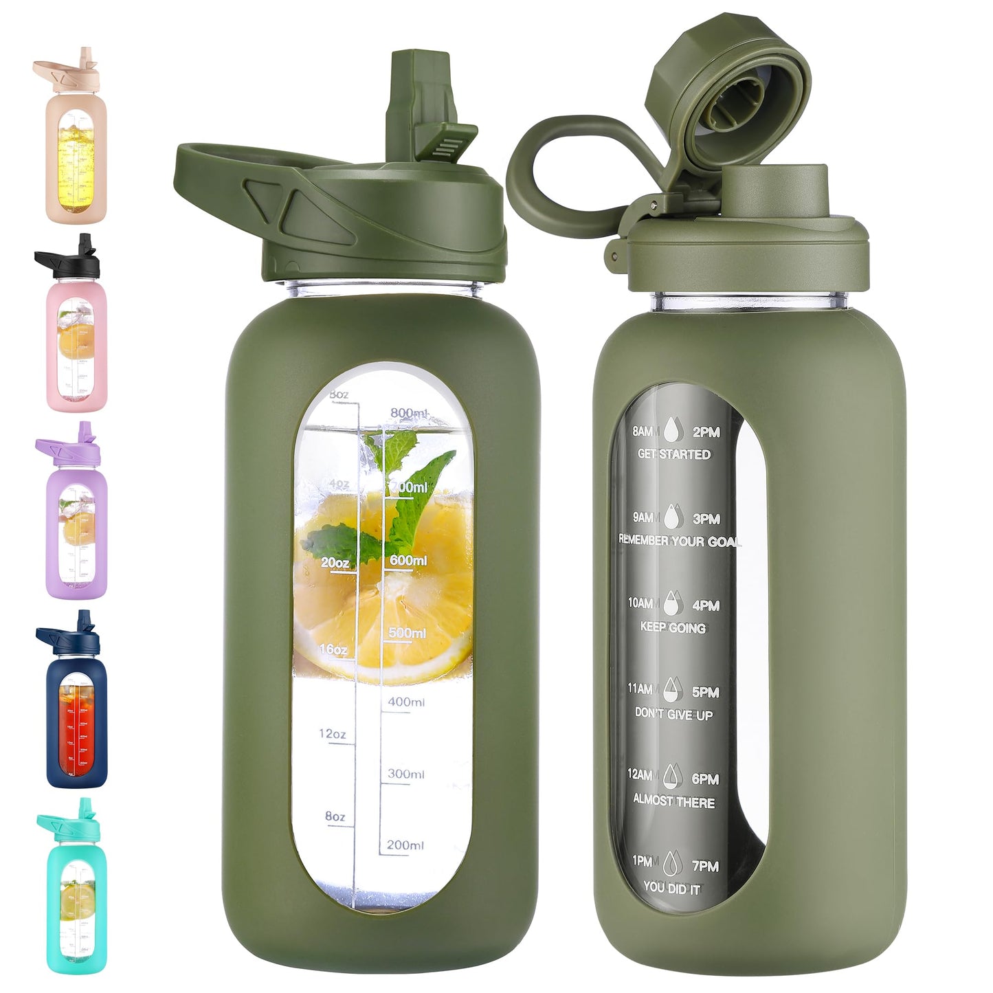 CIVAGO 32 oz Glass Water Bottle with Straw and Handle, Large Sports Motivational Water Bottle Flask with Time Marker and 2 Lids, Leakproof Water Jug Canteen with Silicone Sleeve for Gym,Black