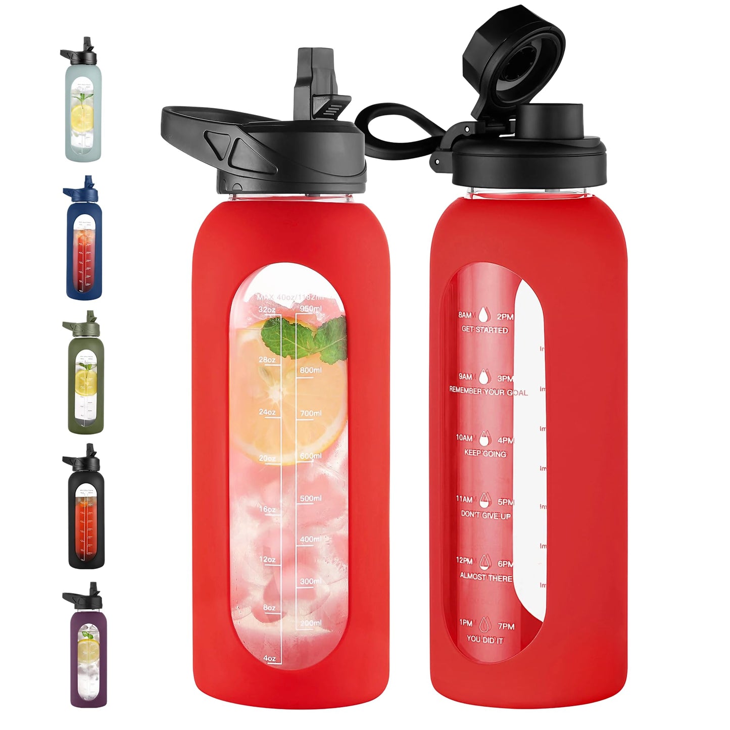 CIVAGO 32 oz Glass Water Bottle with Straw and Handle, Large Sports Motivational Water Bottle Flask with Time Marker and 2 Lids, Leakproof Water Jug Canteen with Silicone Sleeve for Gym,Black