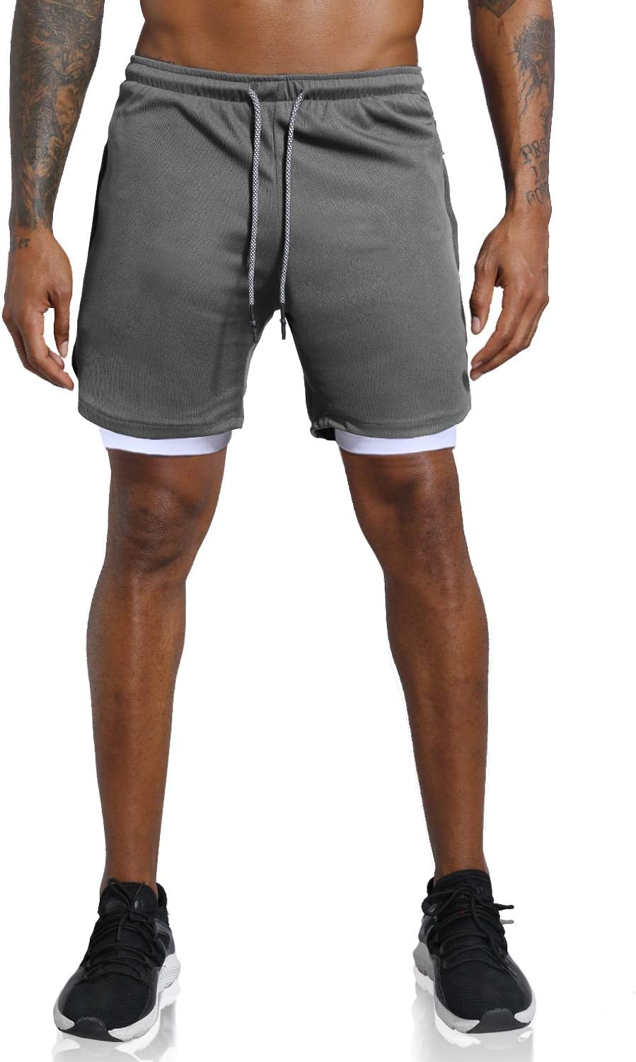 Leidowei Men's 2 in 1 Workout Running Shorts Lightweight Training Yoga Gym 7" Short with Zipper Pockets
