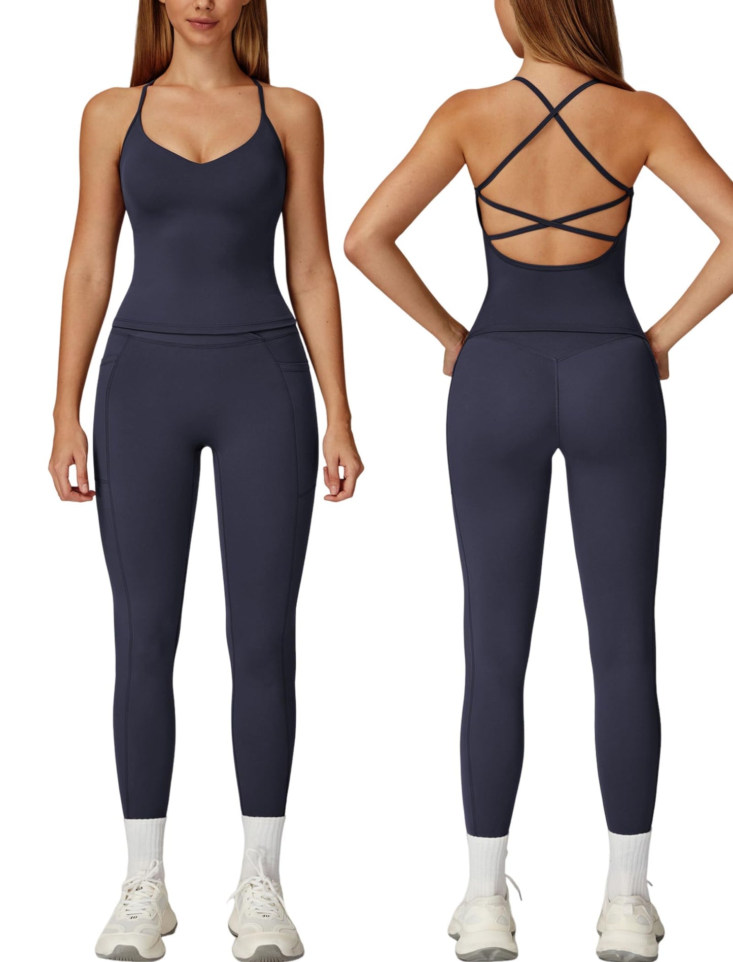 Women 2 Piece Workout Sets Padded Criss Cross Back Crop Tank Tops Tummy Control Leggings Yoga Outfits with Pocket