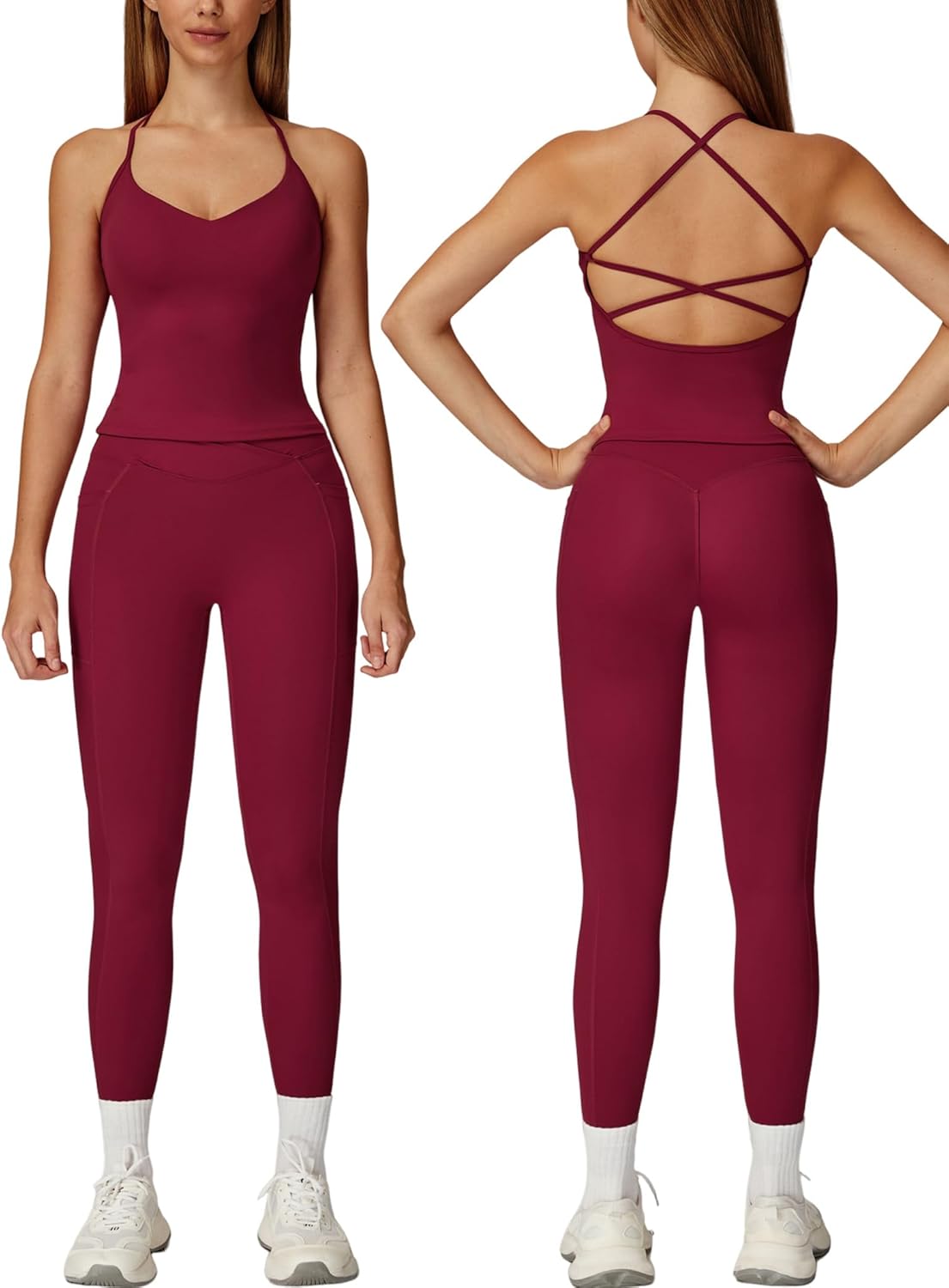 Women 2 Piece Workout Sets Padded Criss Cross Back Crop Tank Tops Tummy Control Leggings Yoga Outfits with Pocket