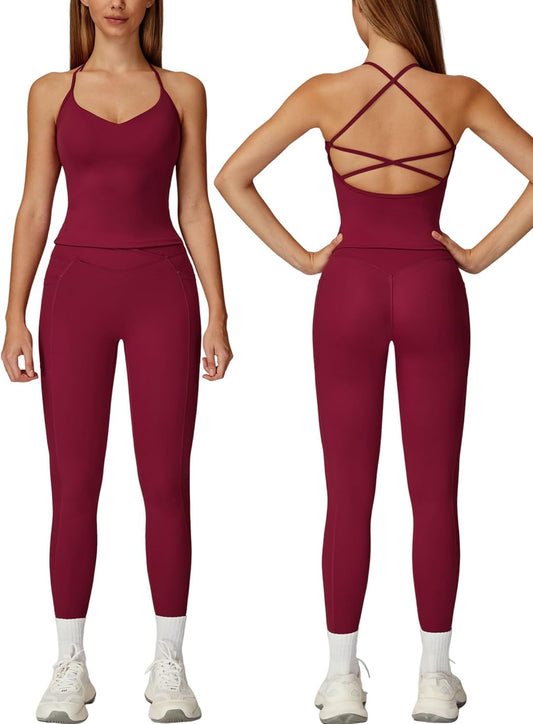 Women 2 Piece Workout Sets Padded Criss Cross Back Crop Tank Tops Tummy Control Leggings Yoga Outfits with Pocket