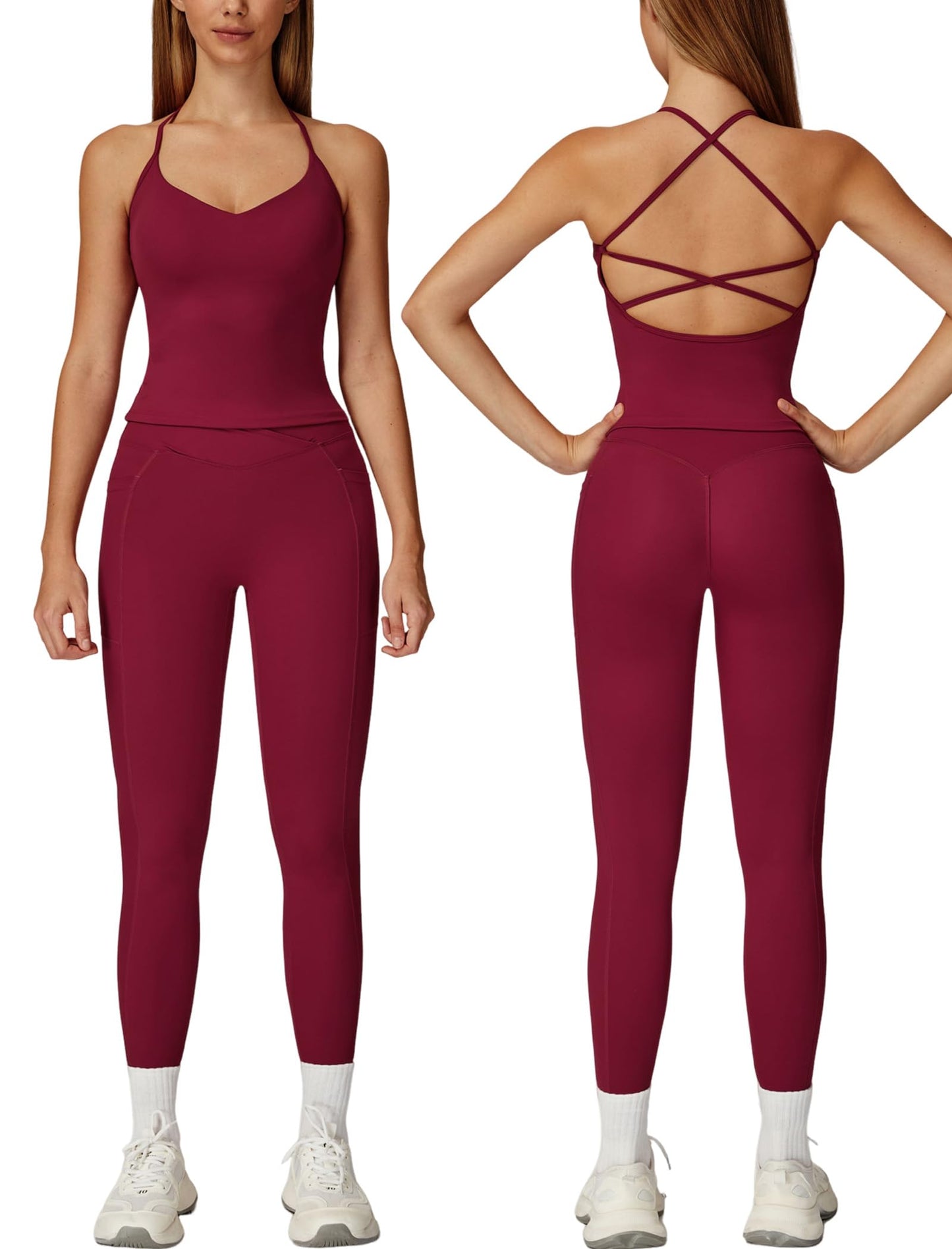 Women 2 Piece Workout Sets Padded Criss Cross Back Crop Tank Tops Tummy Control Leggings Yoga Outfits with Pocket