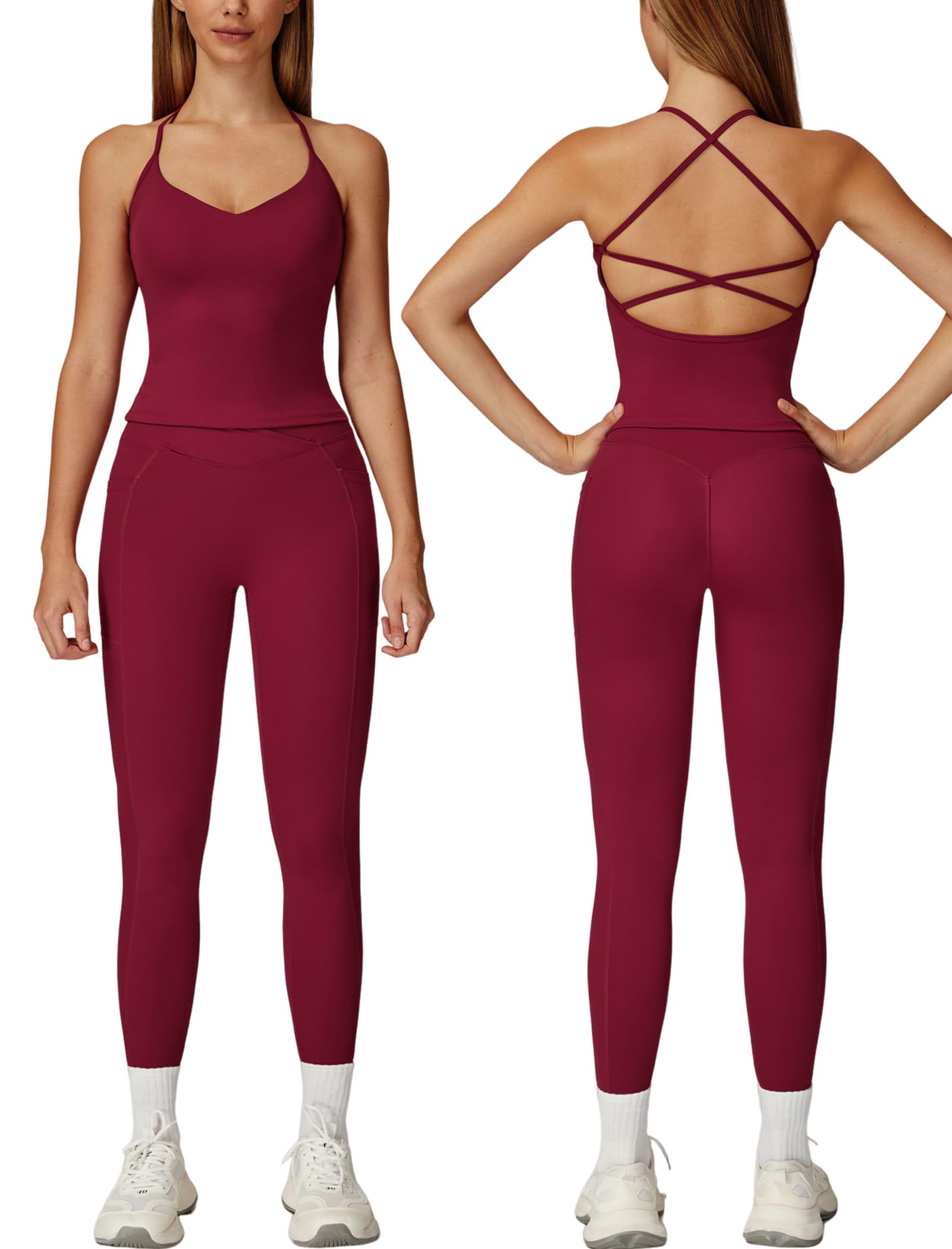 Women 2 Piece Workout Sets Padded Criss Cross Back Crop Tank Tops Tummy Control Leggings Yoga Outfits with Pocket
