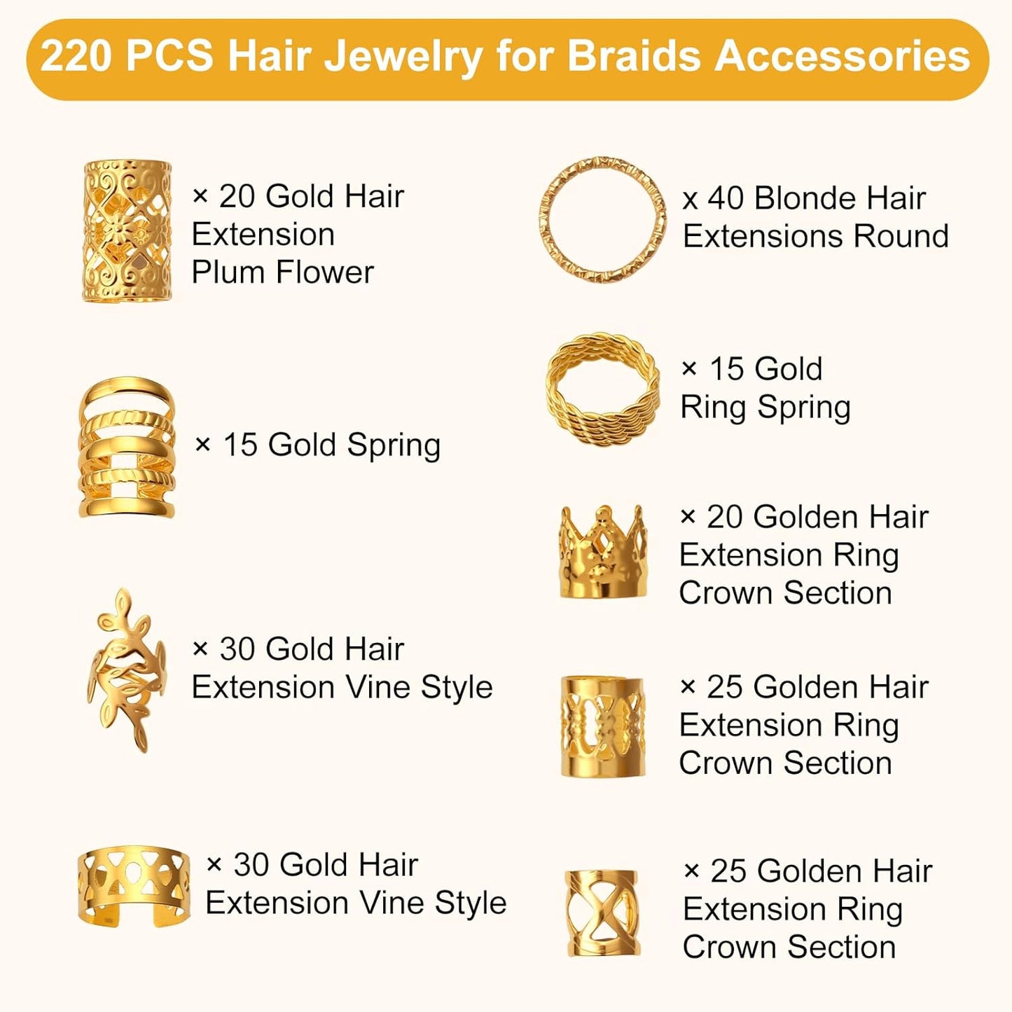 CPOXITI 220Pcs Hair Jewelry for Dreadlock, Metal Hair Charms for Women, Gold Braids Rings Cuffs Clips for Hair Braids, Loc Jewelry Dreadlock Accessories