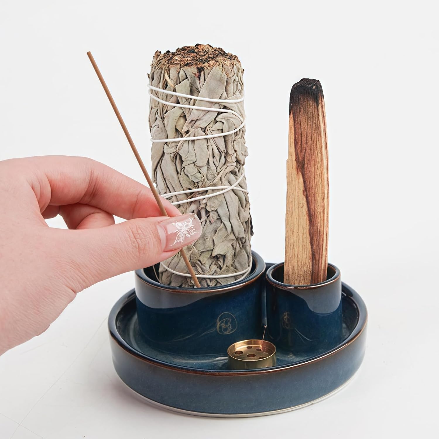 4 in 1 Incense Holder, Ceramic Incense Stick and Palo Santo Holder,Sage Holder for Burning- 4.25" Ceramic Ash Catcher Tray for Meditation and Yoga Room (Blue)