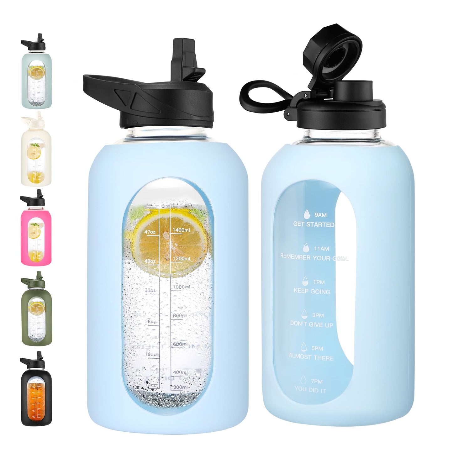 CIVAGO 32 oz Glass Water Bottle with Straw and Handle, Large Sports Motivational Water Bottle Flask with Time Marker and 2 Lids, Leakproof Water Jug Canteen with Silicone Sleeve for Gym,Black