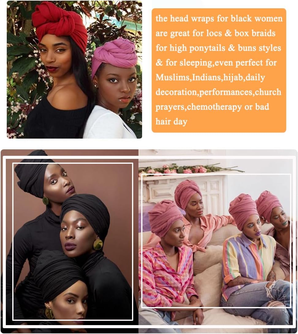 African Scarfs for Women Head Wraps Stretch Turbans Jersey Bun Styles Headbands for High Ponytails