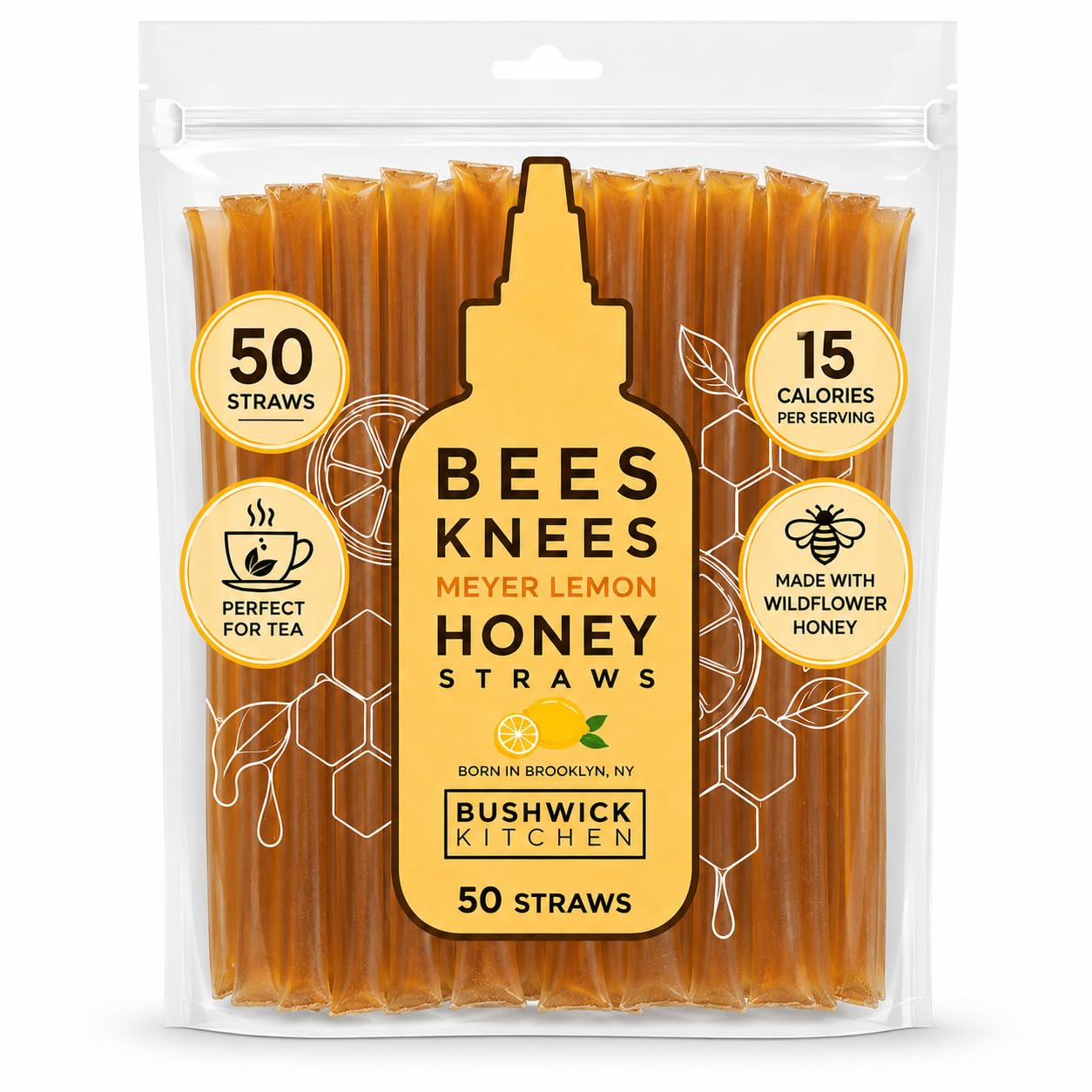Bees Knees Meyer Lemon Honey Sticks, 50 Count - Made with Wildflower Honey, Perfect for Tea, 15 Calories Per Serving - Unfiltered, Unprocessed, Undeniably Delicious, Bulk Single Serve Honey Straws