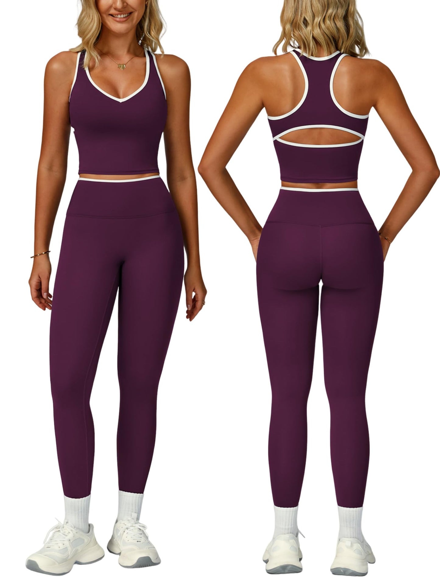 Women 2 Piece Workout Sets Racerback Color Block Tank Tops High Waist Tummy Control Active Leggings Yoga Outfits