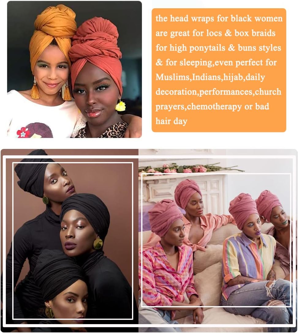 African Scarfs for Women Head Wraps Stretch Turbans Jersey Bun Styles Headbands for High Ponytails
